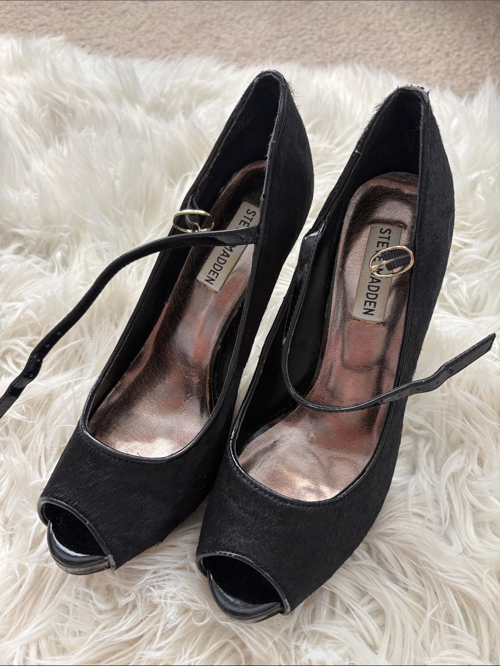 Steve Madden Black Peep Toe Ankle-Strap Platform Heels